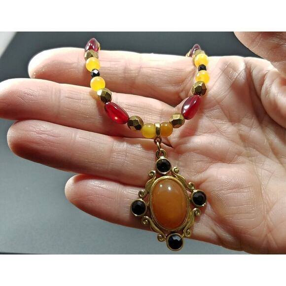 Vintage 1928 Necklace Red Gold Beaded Pendant Quartz Cabochon Black Crystals - Picture 8 of 10